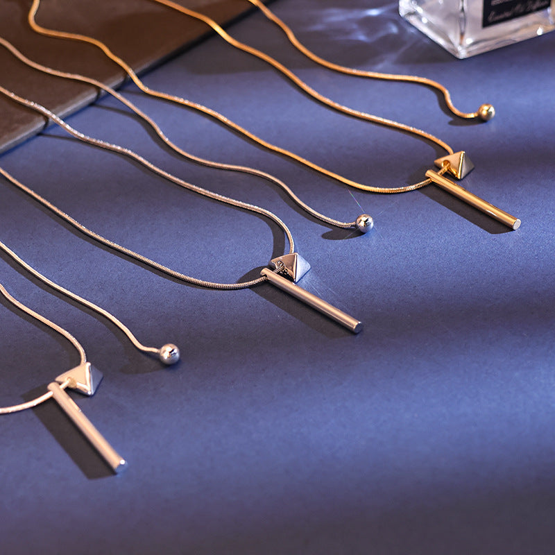 Geometric Silver Sweater Chain Necklace For Women In Copper With Electroplated Finish Featuring Slider Chain