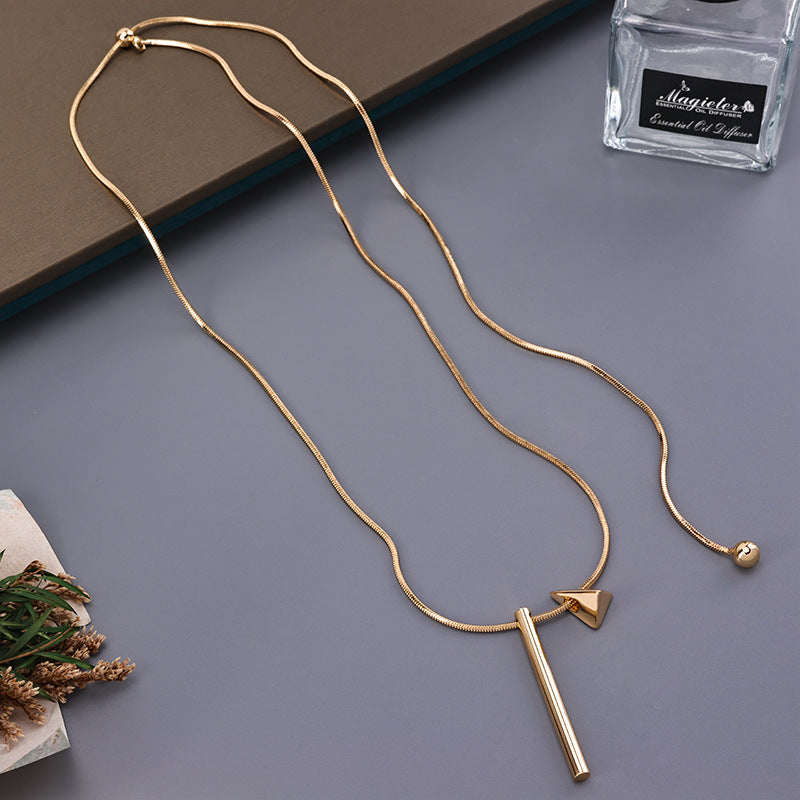 Geometric Silver Sweater Chain Necklace For Women In Copper With Electroplated Finish Featuring Slider Chain
