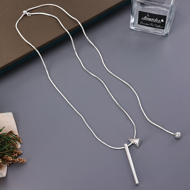 Geometric Silver Sweater Chain Necklace For Women In Copper With Electroplated Finish Featuring Slider Chain