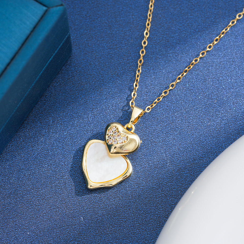 Sweet Heart Shape Necklace For Women In Gold With Waterproof Non Tarnish Titanium Steel And Zircon Inlay, Featuring Cable Chain