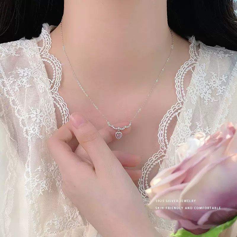 Heart Shape Necklace For Women In Copper With Rhinestones Pendant And Electroplated Cable Chain
