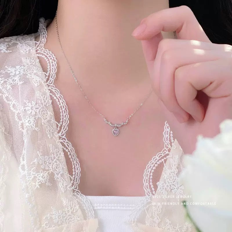 Heart Shape Necklace For Women In Copper With Rhinestones Pendant And Electroplated Cable Chain