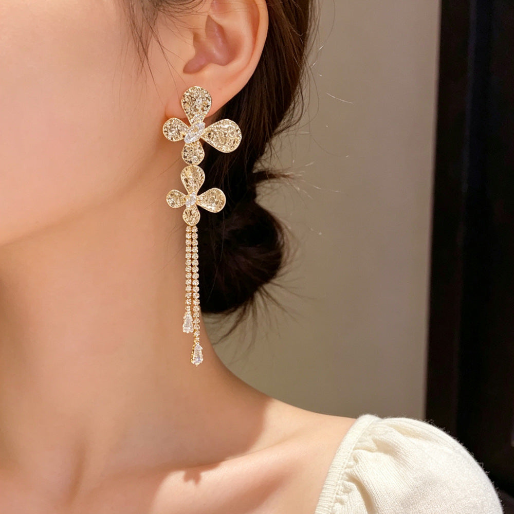 Butterfly Tassel Drop Earrings For Women In Copper With Real Gold Plated And Rhinestone Inlay