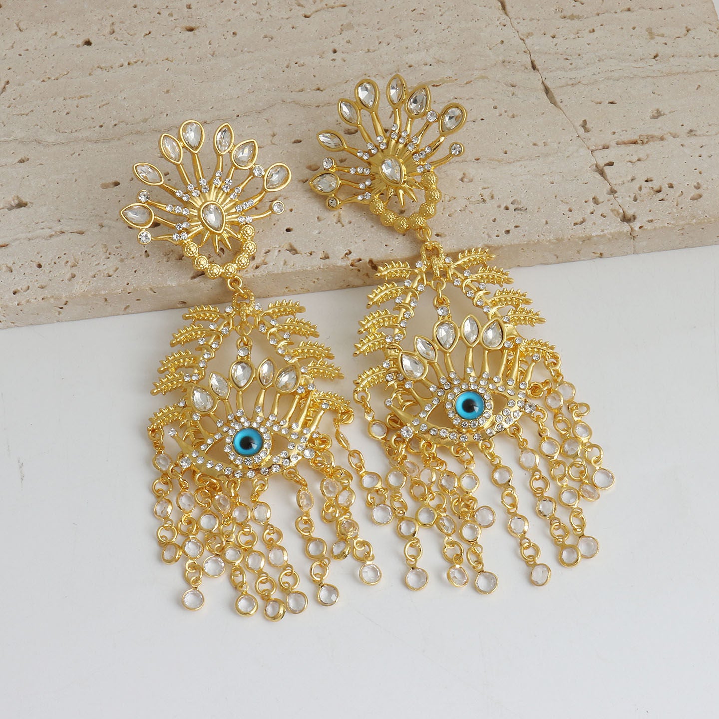Exaggerated Tassel Earrings For Grain Pattern Featuring Gold Alloy With Crystal Inlay