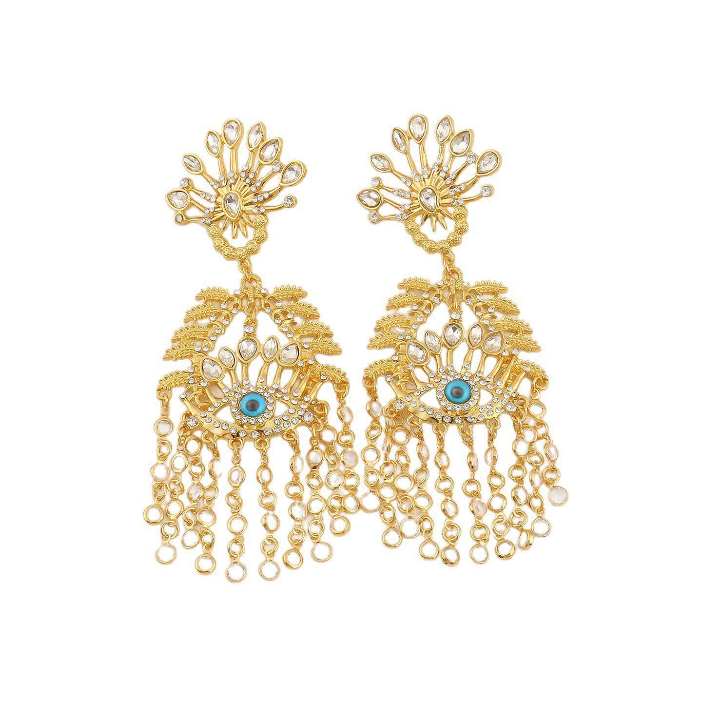 Exaggerated Tassel Earrings For Grain Pattern Featuring Gold Alloy With Crystal Inlay