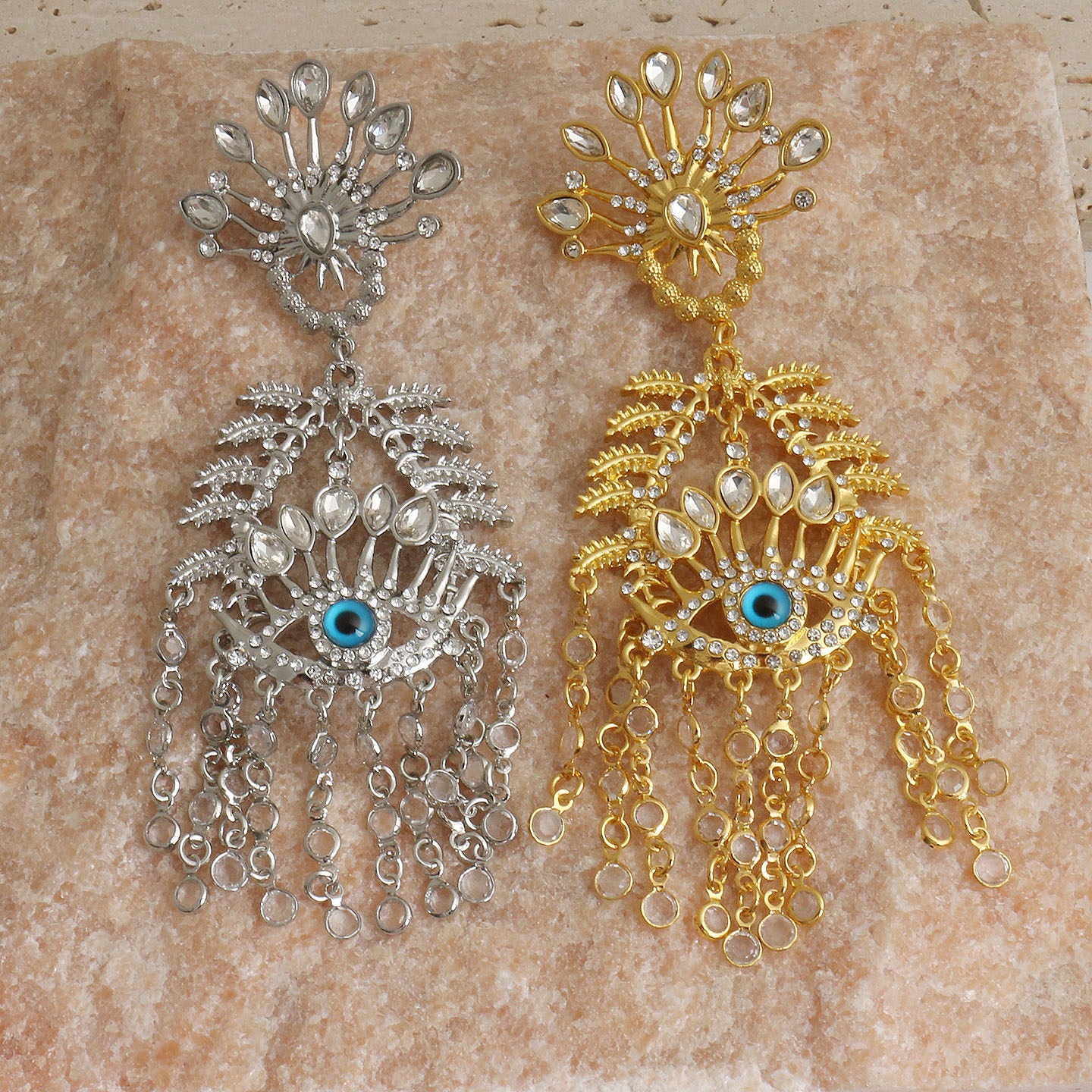 Exaggerated Tassel Earrings For Grain Pattern Featuring Gold Alloy With Crystal Inlay