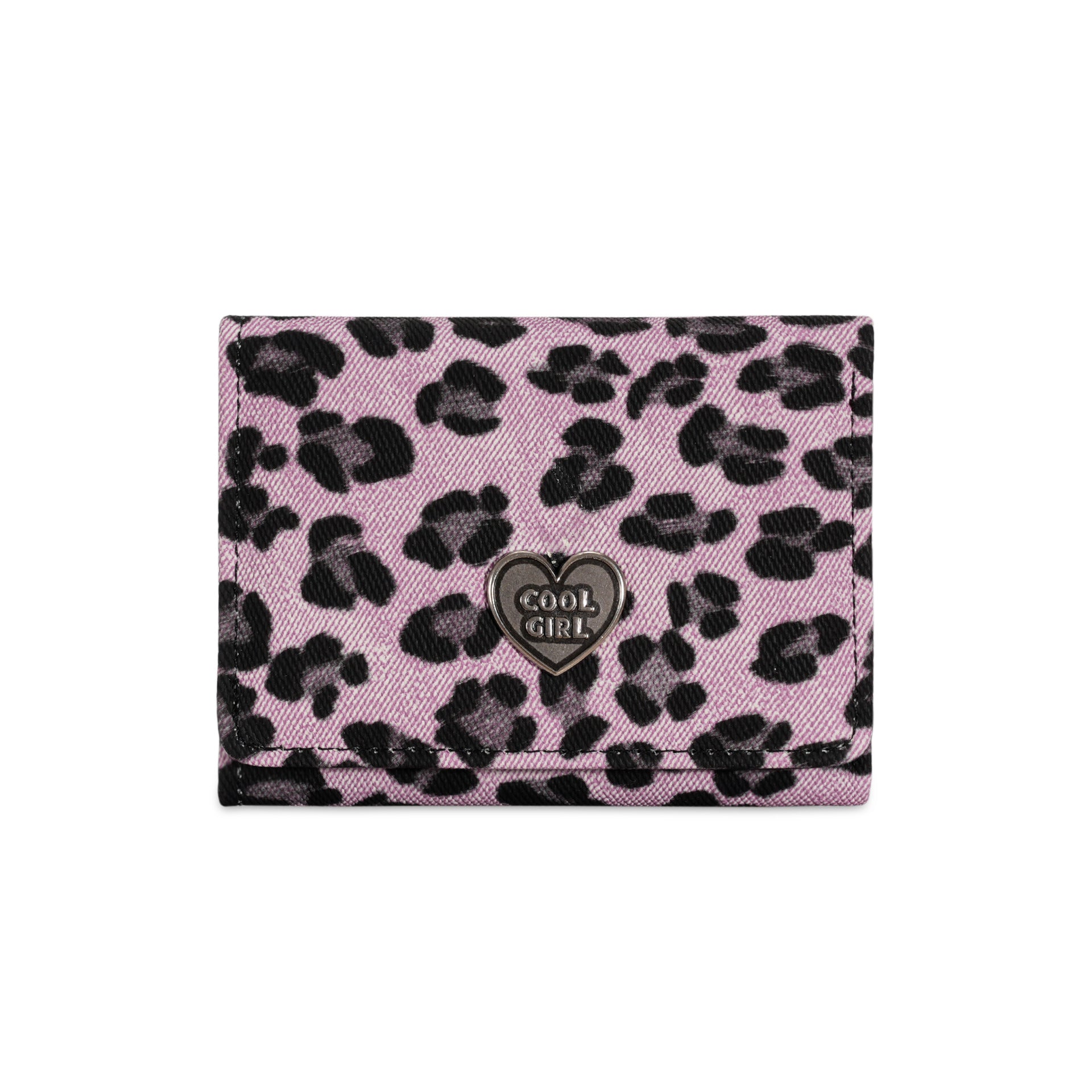 Leopard Print Small Wallet For Women In Polyester Featuring Metal Button And Heart-Shaped Design