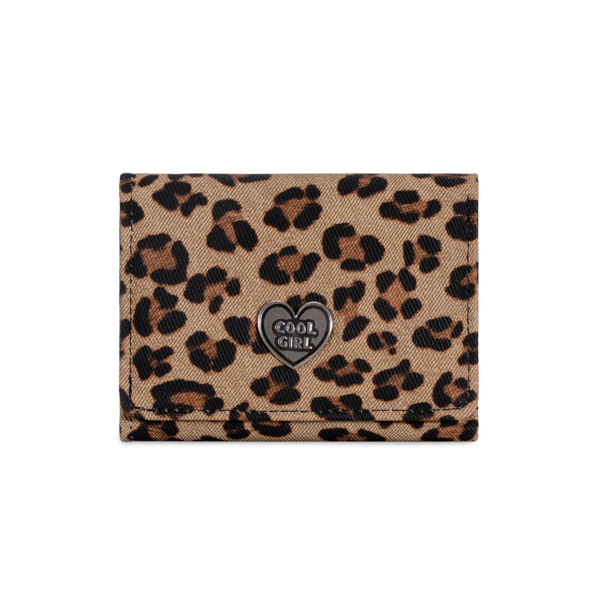 Leopard Print Small Wallet For Women In Polyester Featuring Metal Button And Heart-Shaped Design