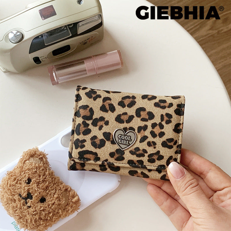Leopard Print Small Wallet For Women In Polyester Featuring Metal Button And Heart-Shaped Design