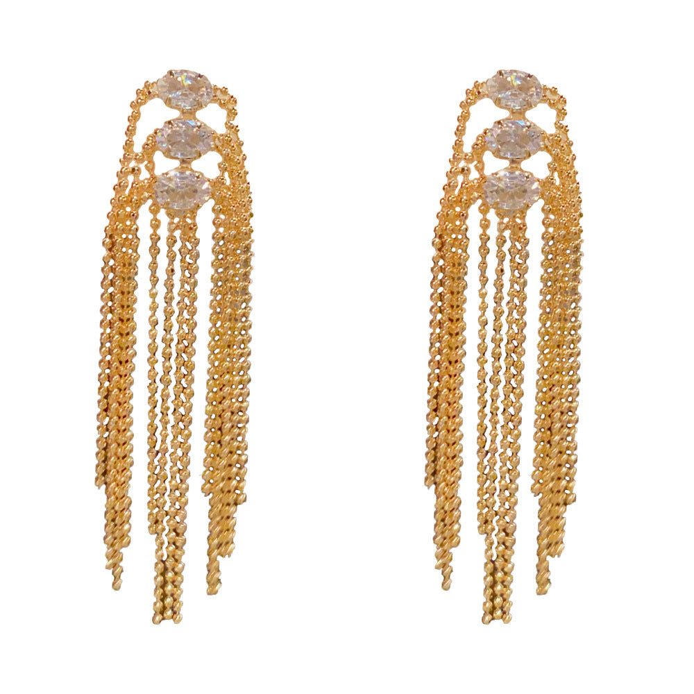 Exaggerated Tassel Drop Earrings For Women, Copper With Real Gold Plated Finish And Zircon Inlay
