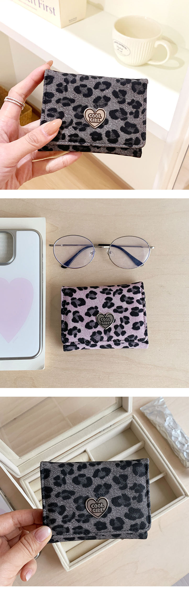 Leopard Print Small Wallet For Women In Polyester Featuring Metal Button And Heart-Shaped Design