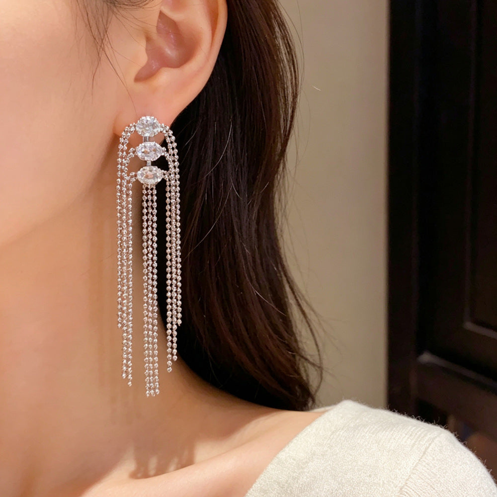 Exaggerated Tassel Drop Earrings For Women, Copper With Real Gold Plated Finish And Zircon Inlay