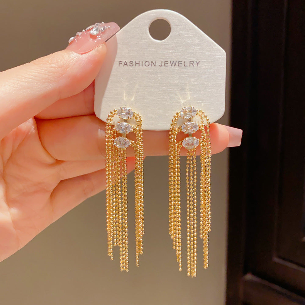 Exaggerated Tassel Drop Earrings For Women, Copper With Real Gold Plated Finish And Zircon Inlay