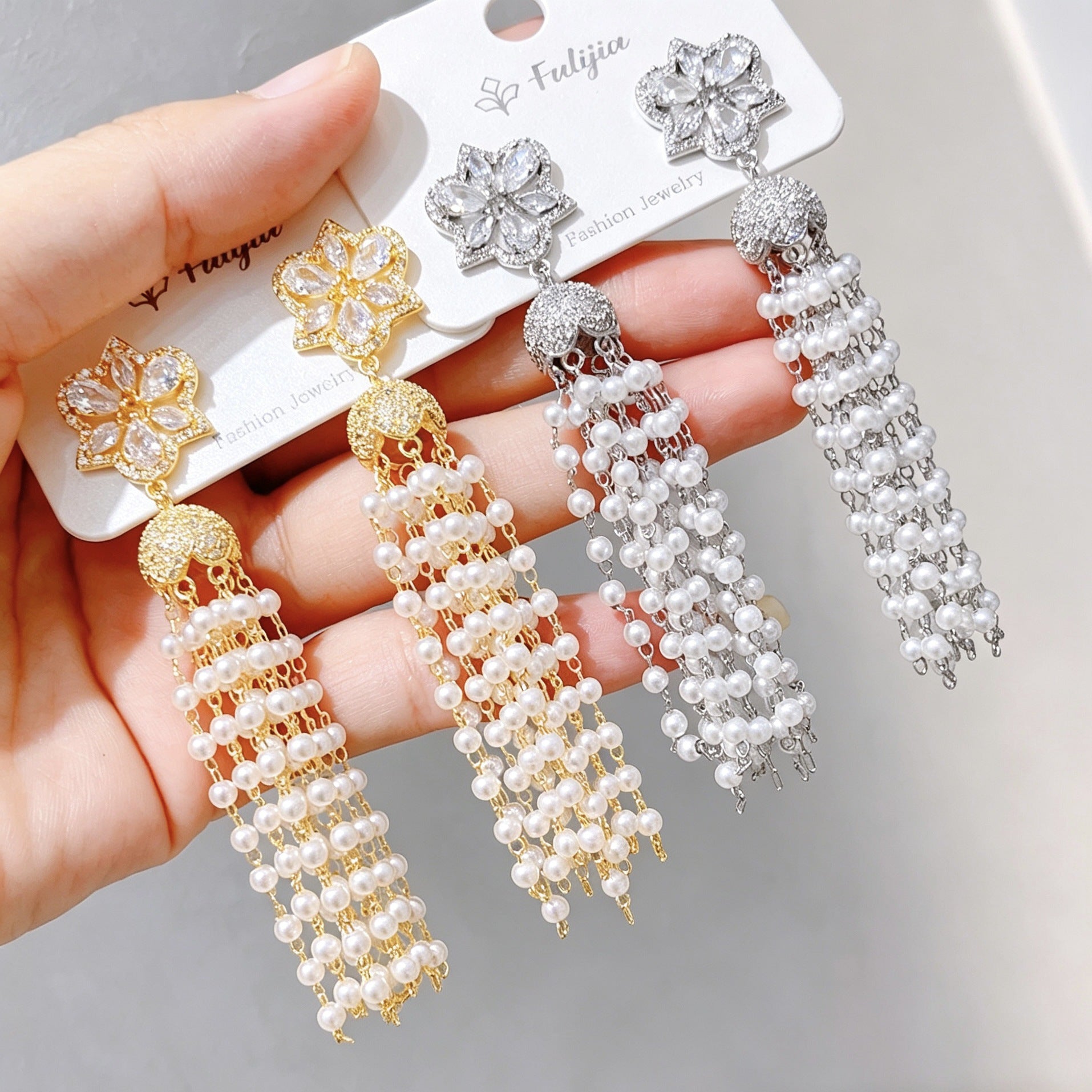 Gold Tassel Flowers Drop Earrings For Women With Artificial Pearl Inlay And Copper Ear Pins, Alloy Material