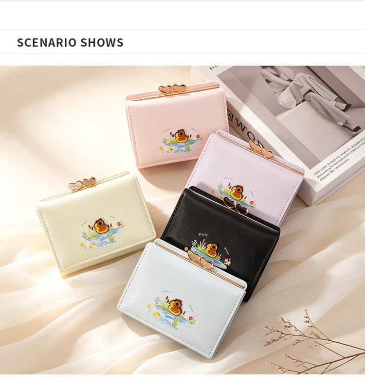 Duck Pattern Small Wallet For Women In PU Leather With Sewing Thread Detail, Lightweight And Stylish