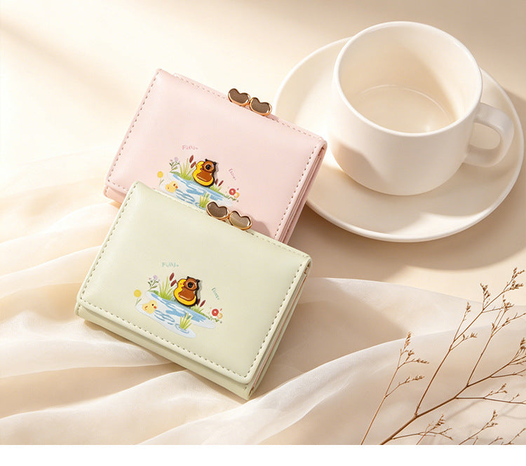 Duck Pattern Small Wallet For Women In PU Leather With Sewing Thread Detail, Lightweight And Stylish