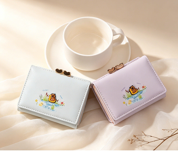 Duck Pattern Small Wallet For Women In PU Leather With Sewing Thread Detail, Lightweight And Stylish