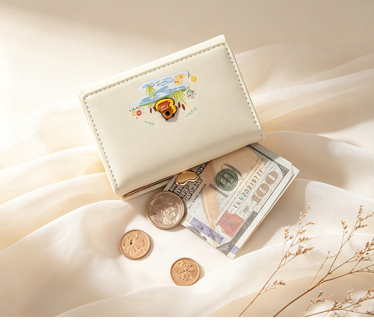 Duck Pattern Small Wallet For Women In PU Leather With Sewing Thread Detail, Lightweight And Stylish