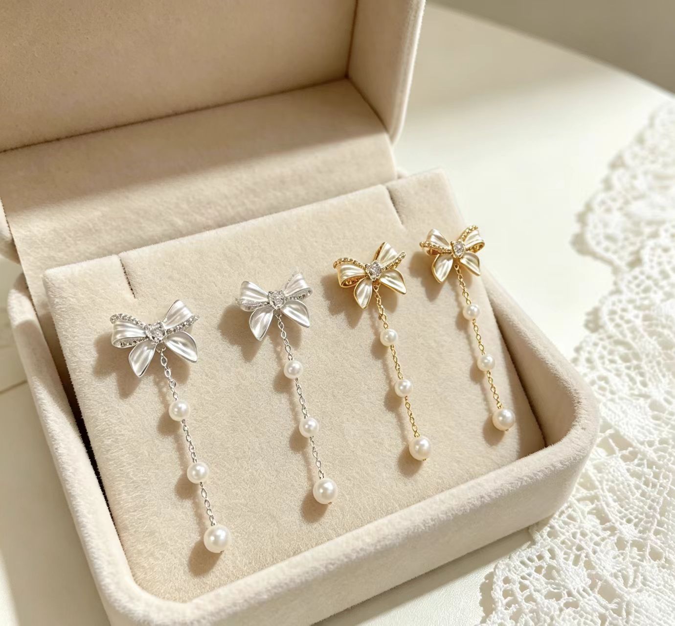 Sweet Style Bow Tie Drop Earrings For Women With Tassel Craft, Electroplated Copper And Artificial Pearl Inlay