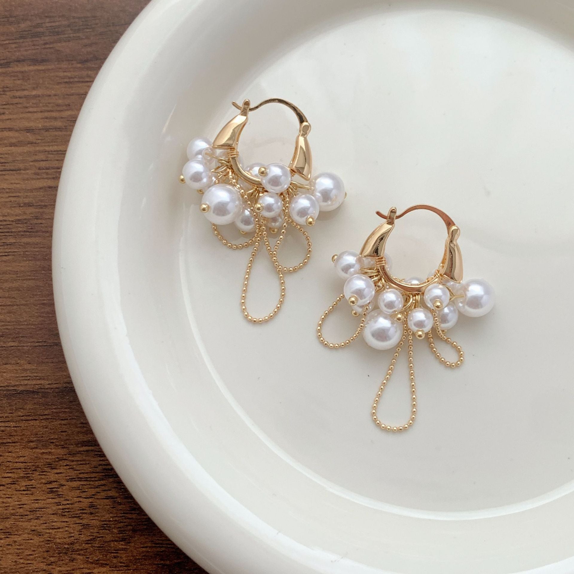 Sweet Geometric Tassel Earrings For Women, Copper With 18K Real Gold Plated And Artificial Pearl Inlay