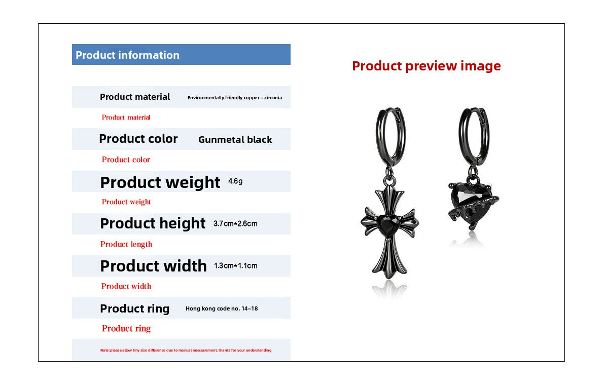 Asymmetrical Gothic Cross Earrings For Women In Copper With Zircon Inlay