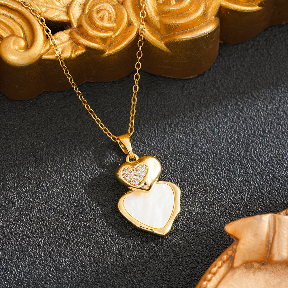 Heart Shape Waterproof Non Tarnish Gold Titanium Steel Necklace With Zircon Inlay And Cable Chain For Women In Simple Style