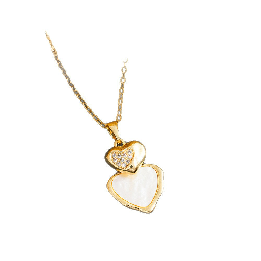 Heart Shape Waterproof Non Tarnish Gold Titanium Steel Necklace With Zircon Inlay And Cable Chain For Women In Simple Style