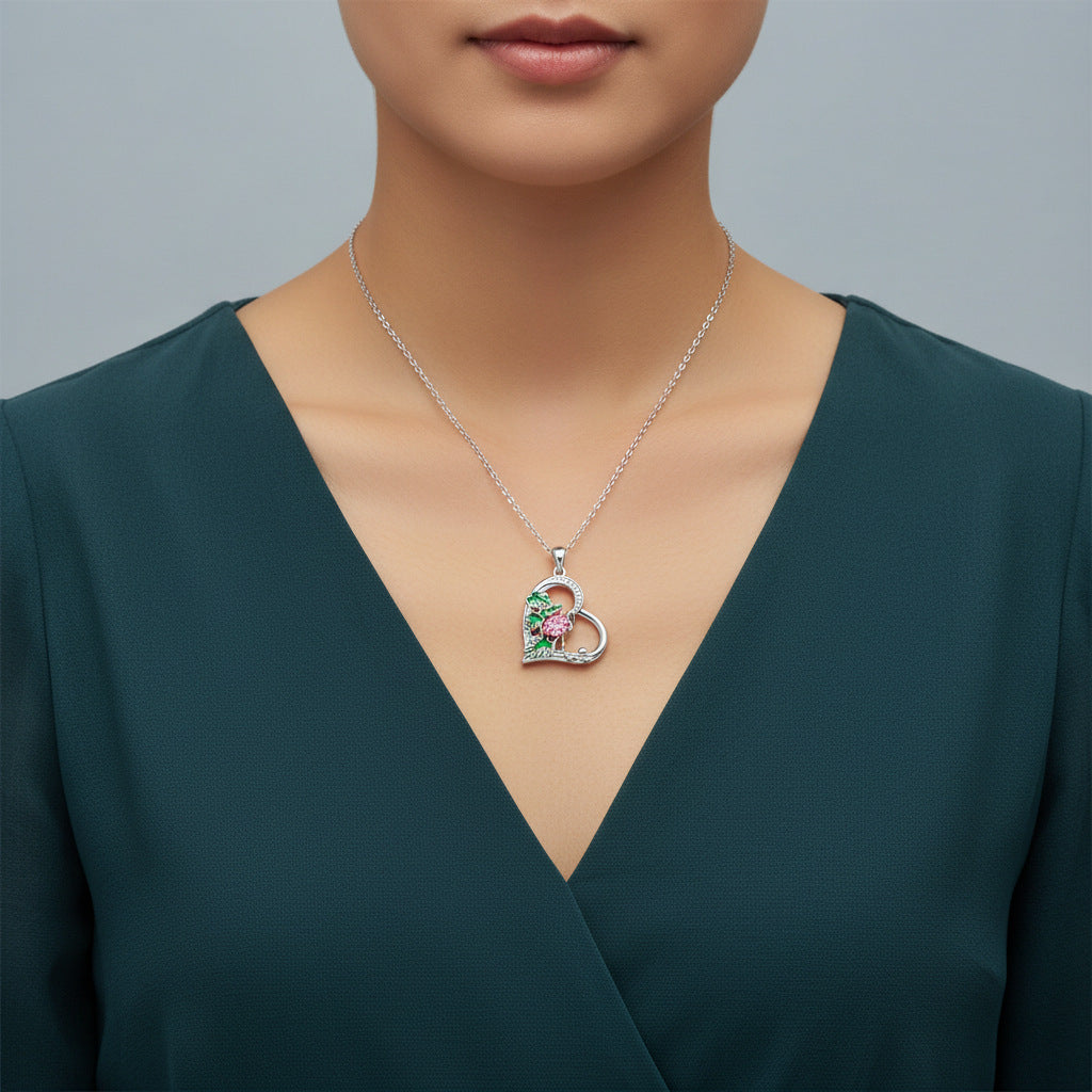 Heart Shape Pendant Necklace For Women In Silver Plated Copper With Rhinestones And Cable Chain