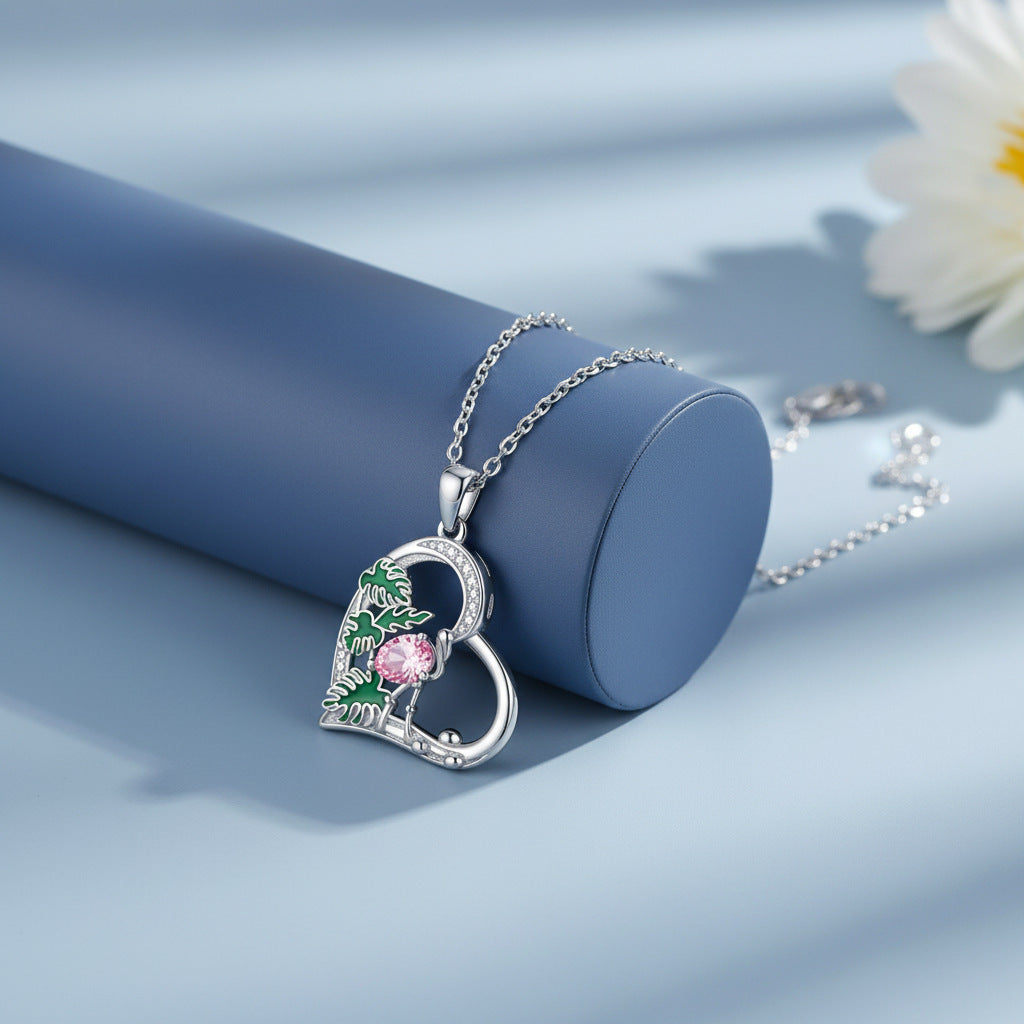 Heart Shape Pendant Necklace For Women In Silver Plated Copper With Rhinestones And Cable Chain