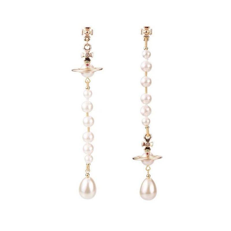 Asymmetrical UFO Earrings For Women With Gold Imitation Pearl And Copper Ear Pins