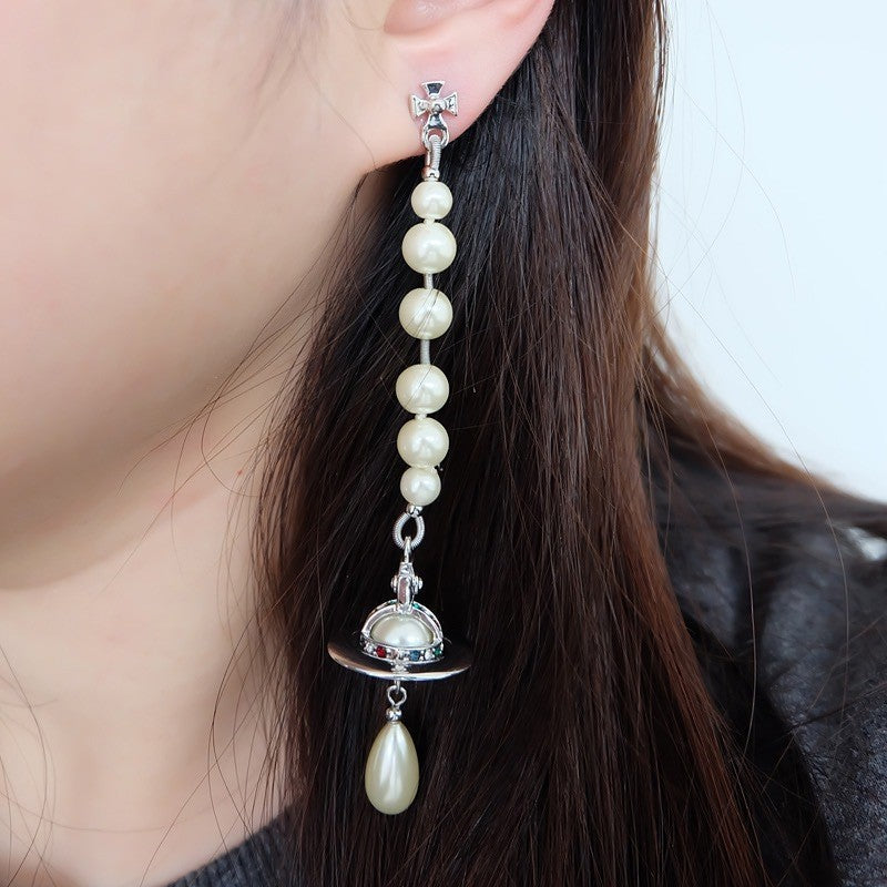 Asymmetrical UFO Earrings For Women With Gold Imitation Pearl And Copper Ear Pins