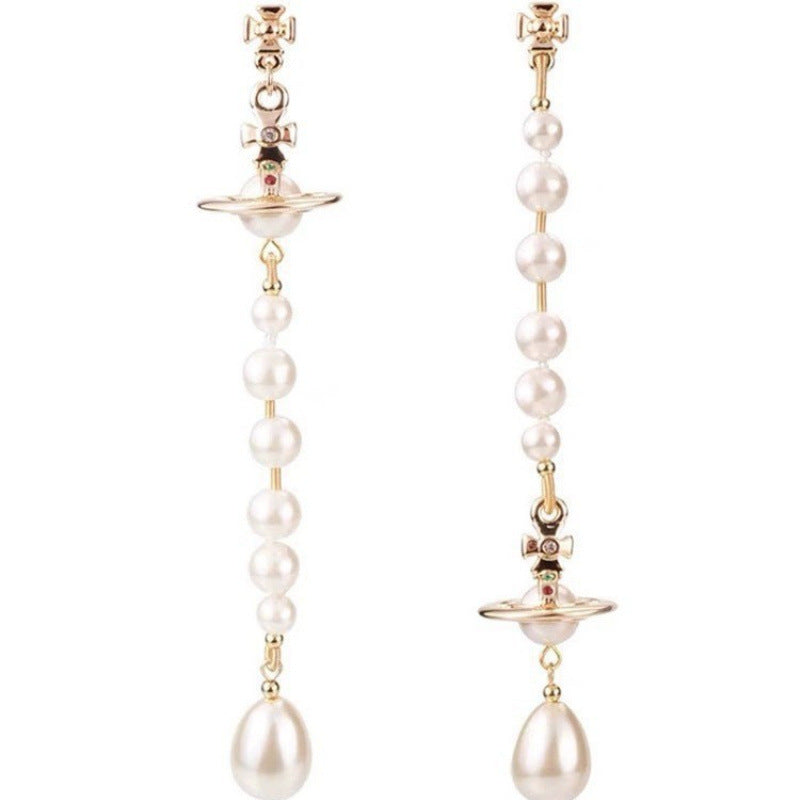 Asymmetrical UFO Earrings For Women With Gold Imitation Pearl And Copper Ear Pins