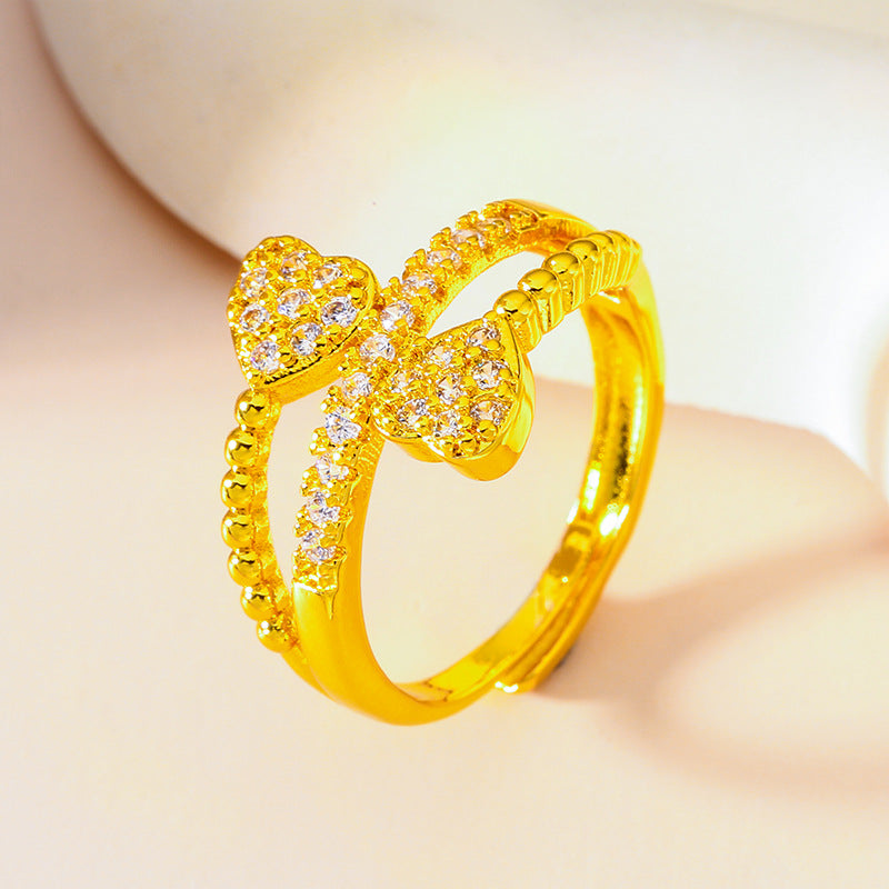 Heart Shape Simple Style Women's Ring In Brass With Golden Electroplated Finish And Artificial Diamond Inlay
