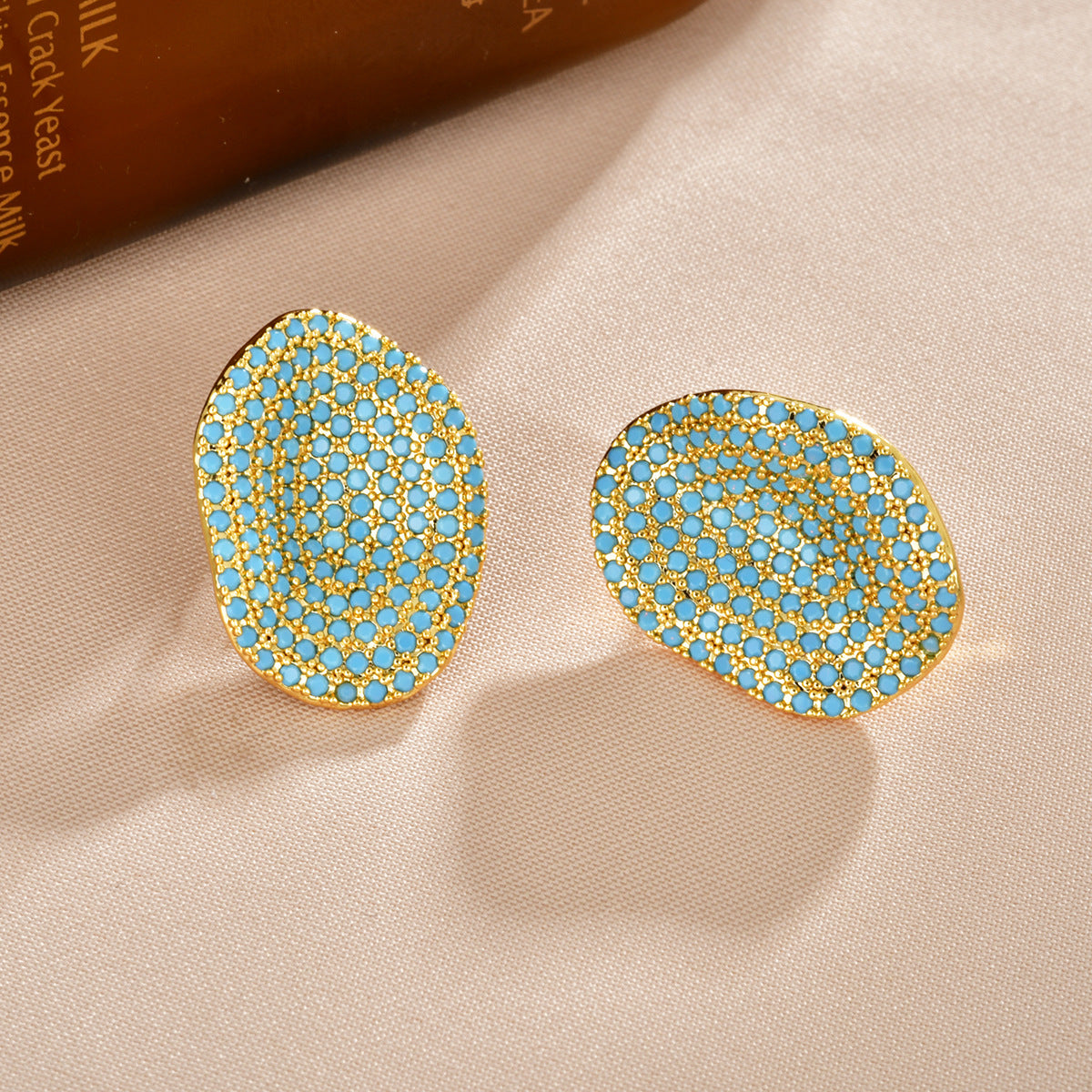Oval Folded Stud Earrings For Women In Turquoise With 18K Real Gold Plated 925 Sterling Silver And Zircon Inlay