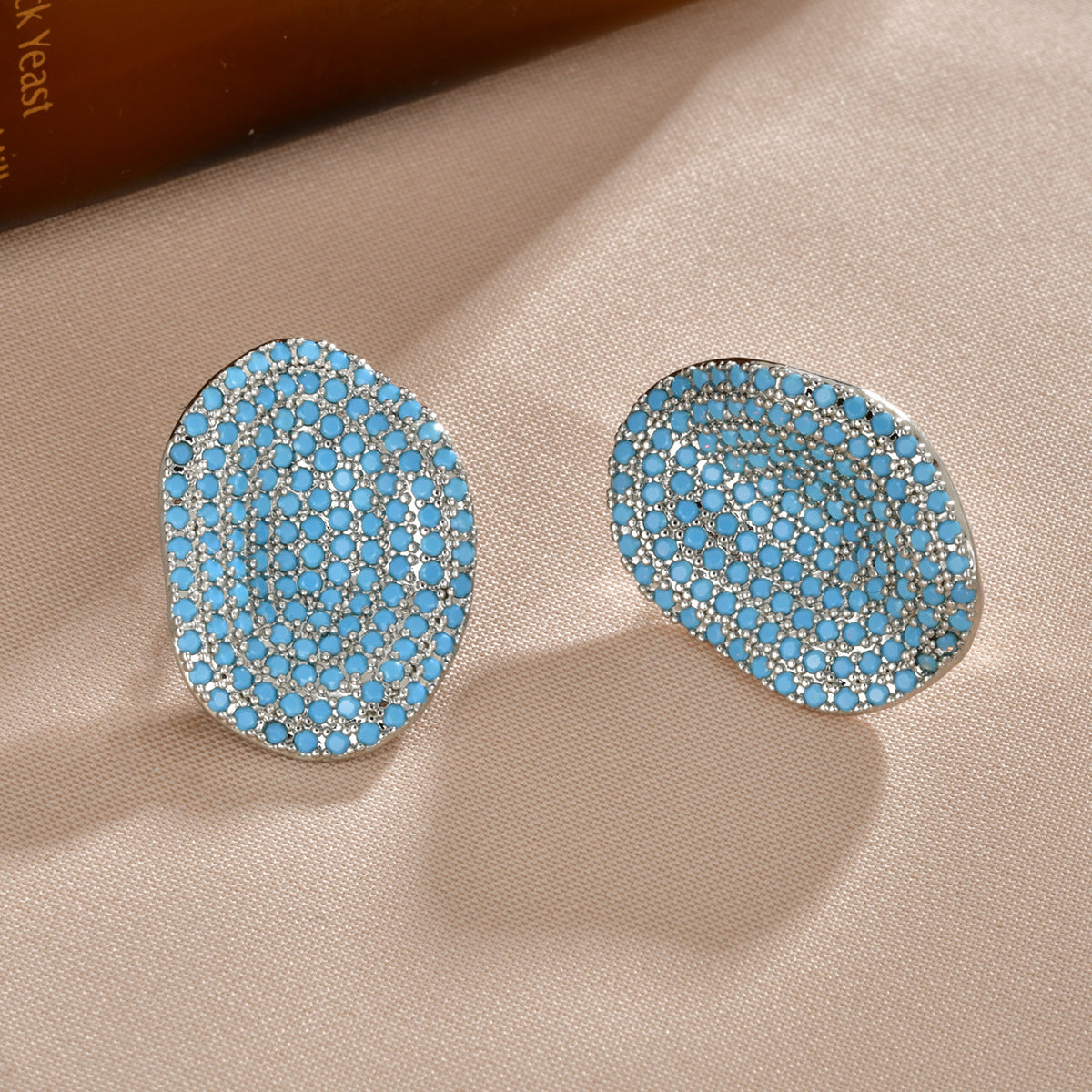Oval Folded Stud Earrings For Women In Turquoise With 18K Real Gold Plated 925 Sterling Silver And Zircon Inlay