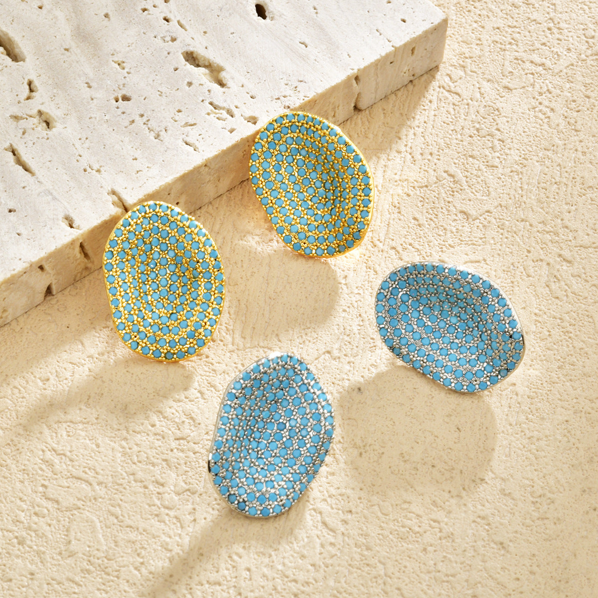 Oval Folded Stud Earrings For Women In Turquoise With 18K Real Gold Plated 925 Sterling Silver And Zircon Inlay