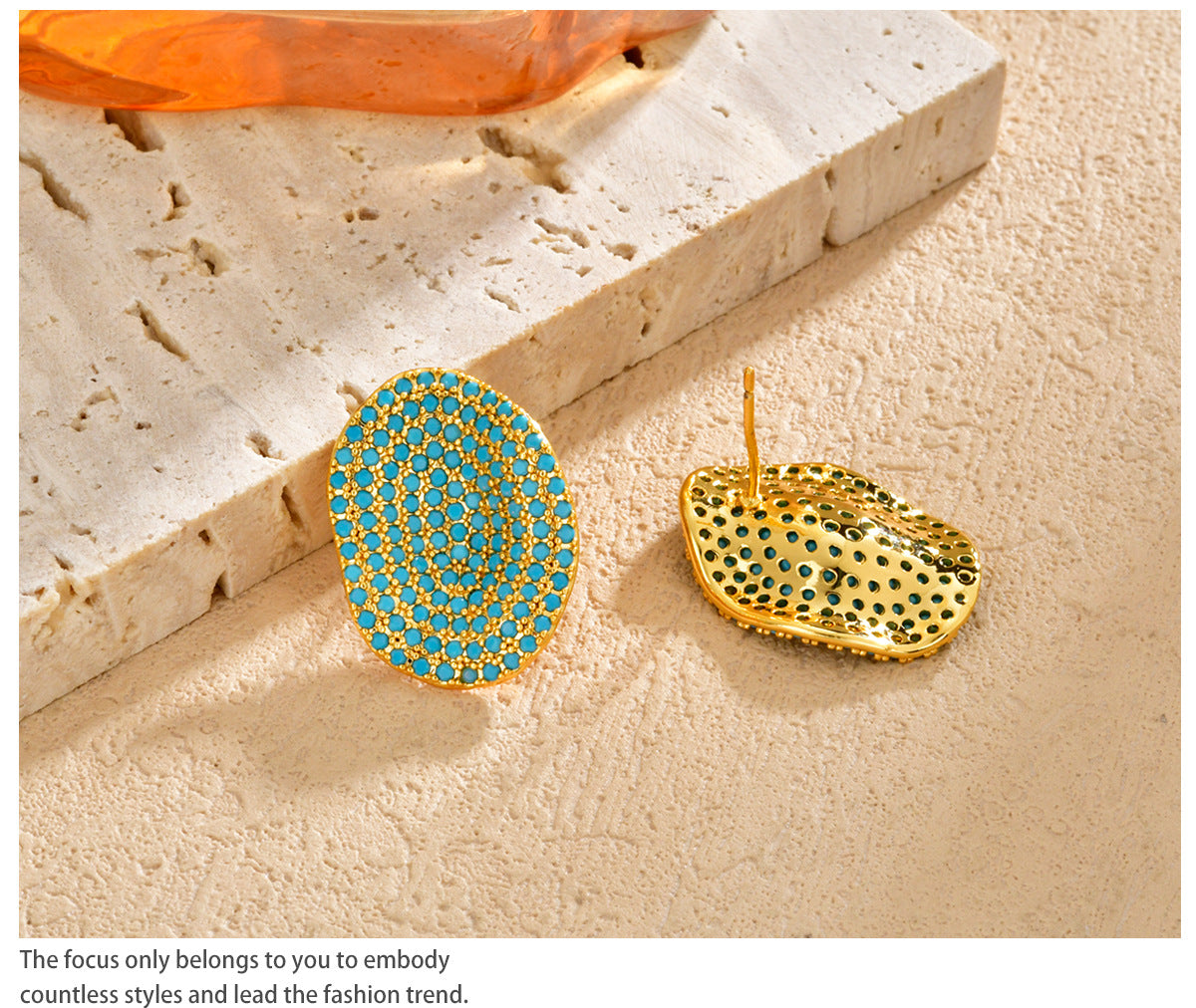 Oval Folded Stud Earrings For Women In Turquoise With 18K Real Gold Plated 925 Sterling Silver And Zircon Inlay