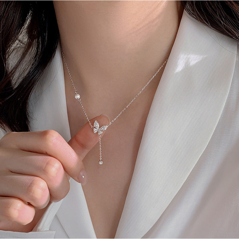 New Style Butterfly Tassel Choker Necklace For Women With 925 Sterling Silver Pendant And Rhinestone Inlay