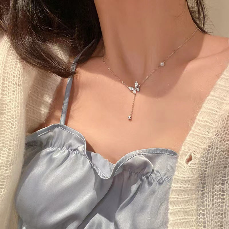 New Style Butterfly Tassel Choker Necklace For Women With 925 Sterling Silver Pendant And Rhinestone Inlay