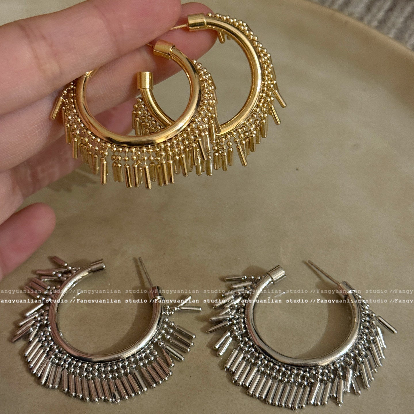 Bohemian Large Tassel Earrings In Silver Metal With Copper Studs For Women