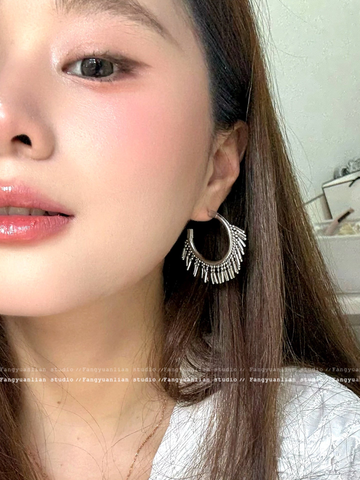Bohemian Large Tassel Earrings In Silver Metal With Copper Studs For Women