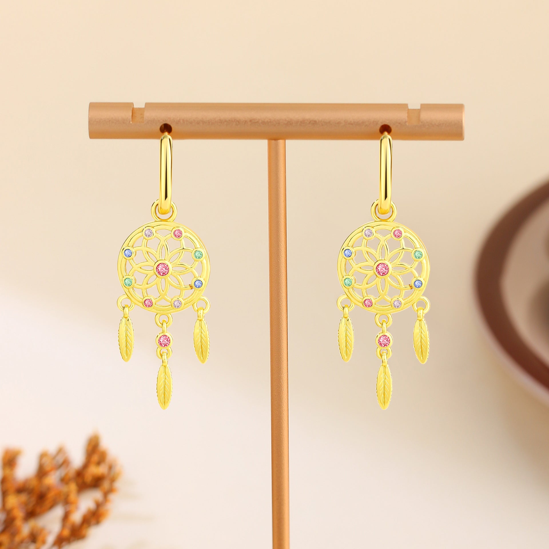Dreamcatcher Earrings For Women Featuring Gold Tassel Design With Rhinestones And Copper Ear Pins