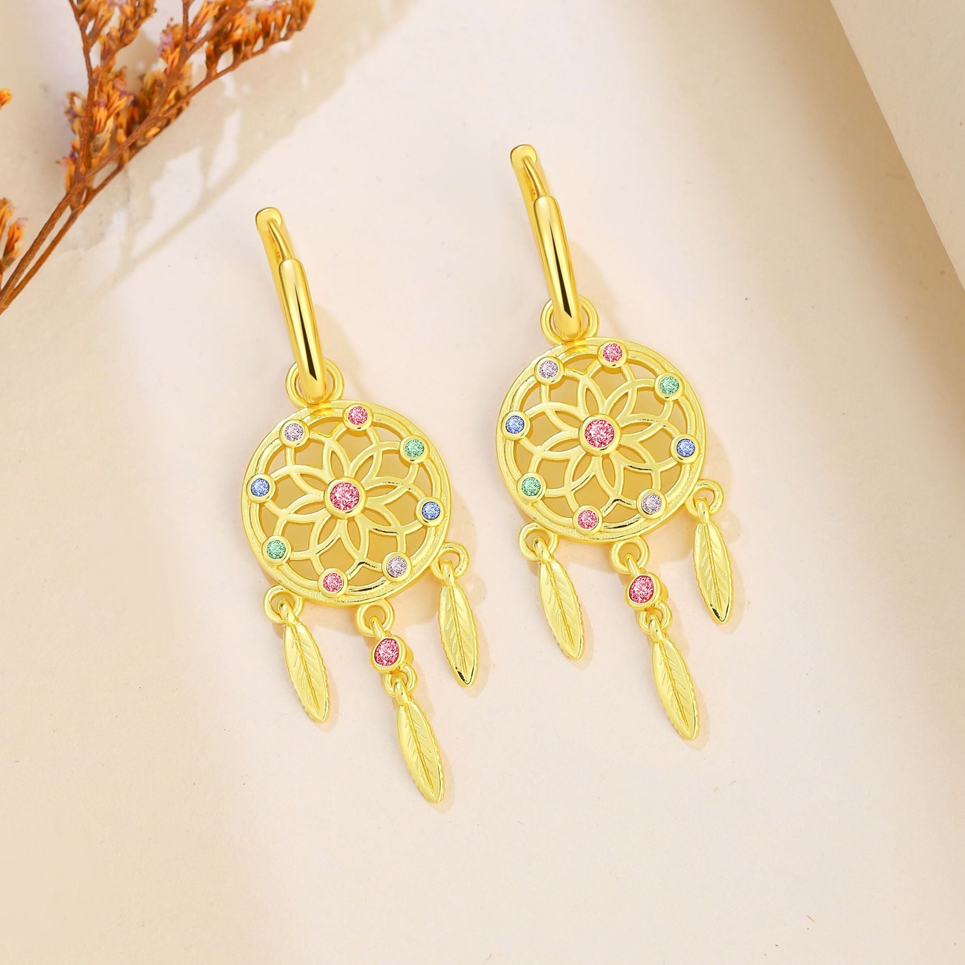 Dreamcatcher Earrings For Women Featuring Gold Tassel Design With Rhinestones And Copper Ear Pins