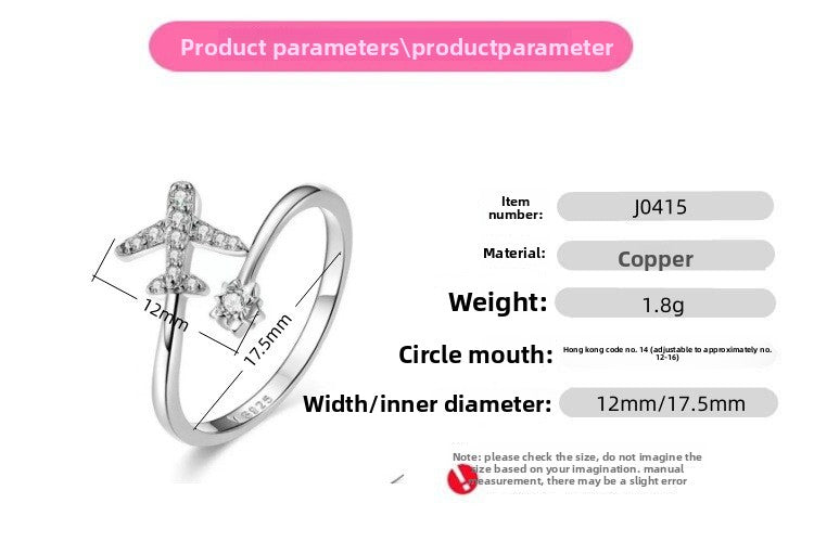 Sweet Airplane Open Ring For Women In Electroplated Copper With Rhinestone Inlay