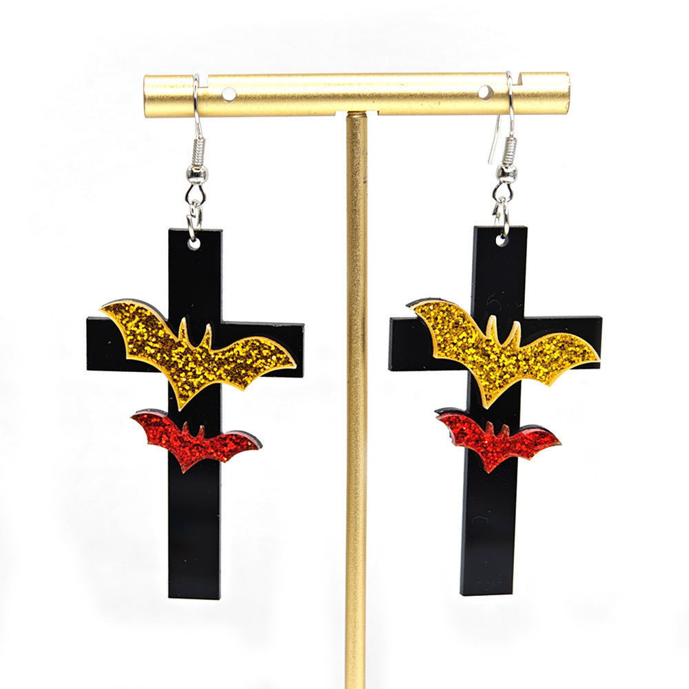 Hip-Hop Dyed Black Acrylic Bat Earrings With Iron Studs, Unisex Style
