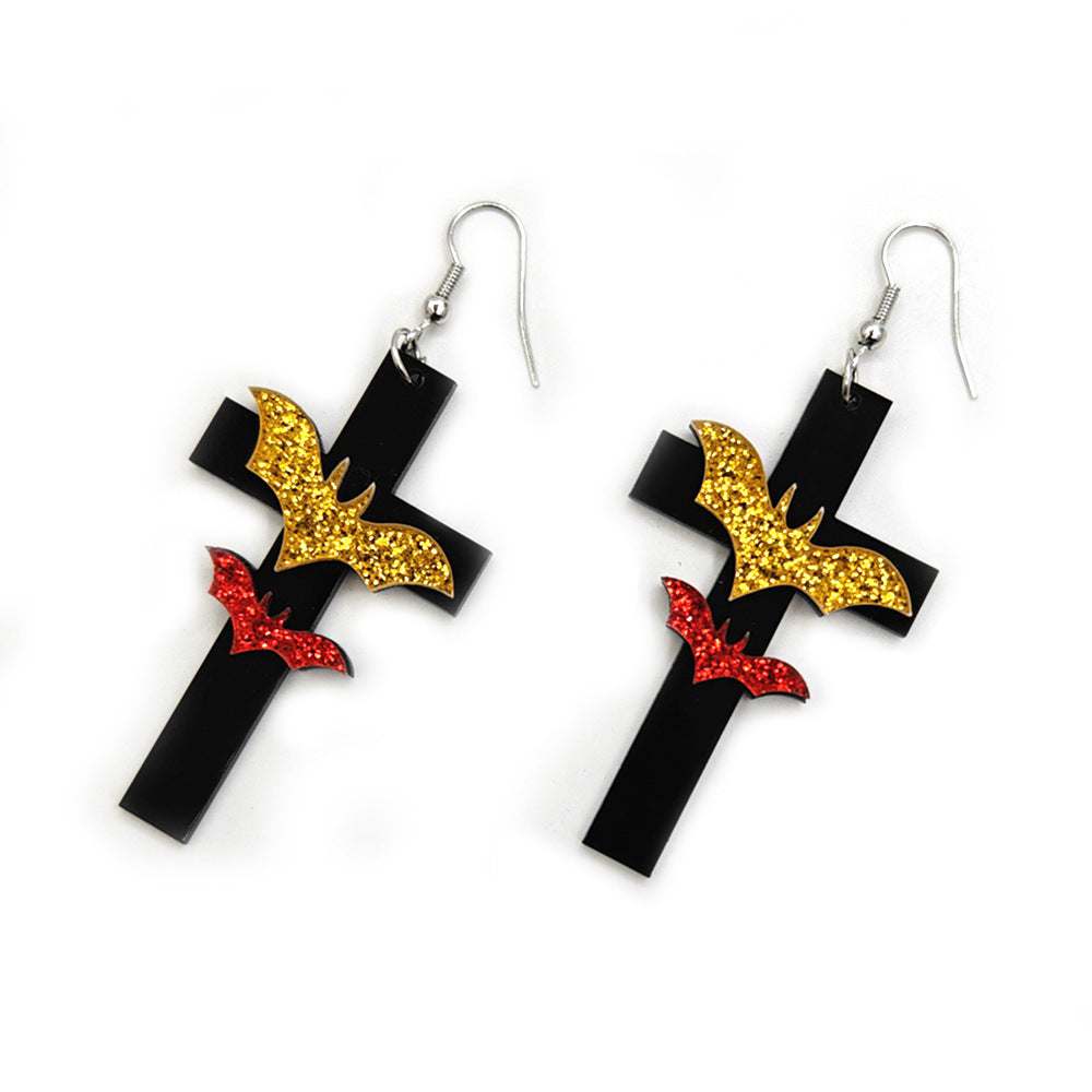 Hip-Hop Dyed Black Acrylic Bat Earrings With Iron Studs, Unisex Style