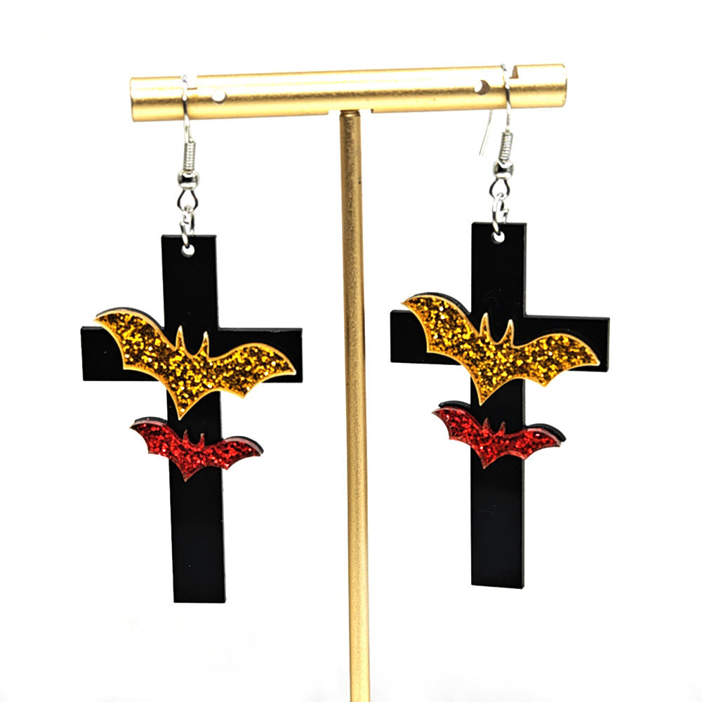 Hip-Hop Dyed Black Acrylic Bat Earrings With Iron Studs, Unisex Style