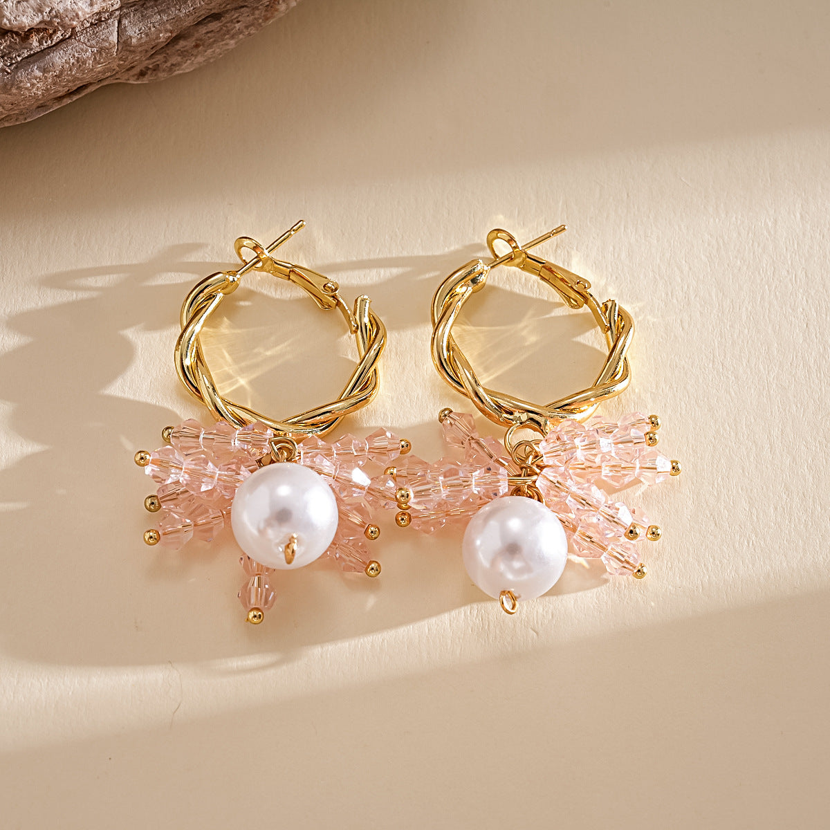 Geometric Hoop Earrings For Women With Gold Tassel, Glass, Artificial Pearl, And 304 Stainless Steel Pins