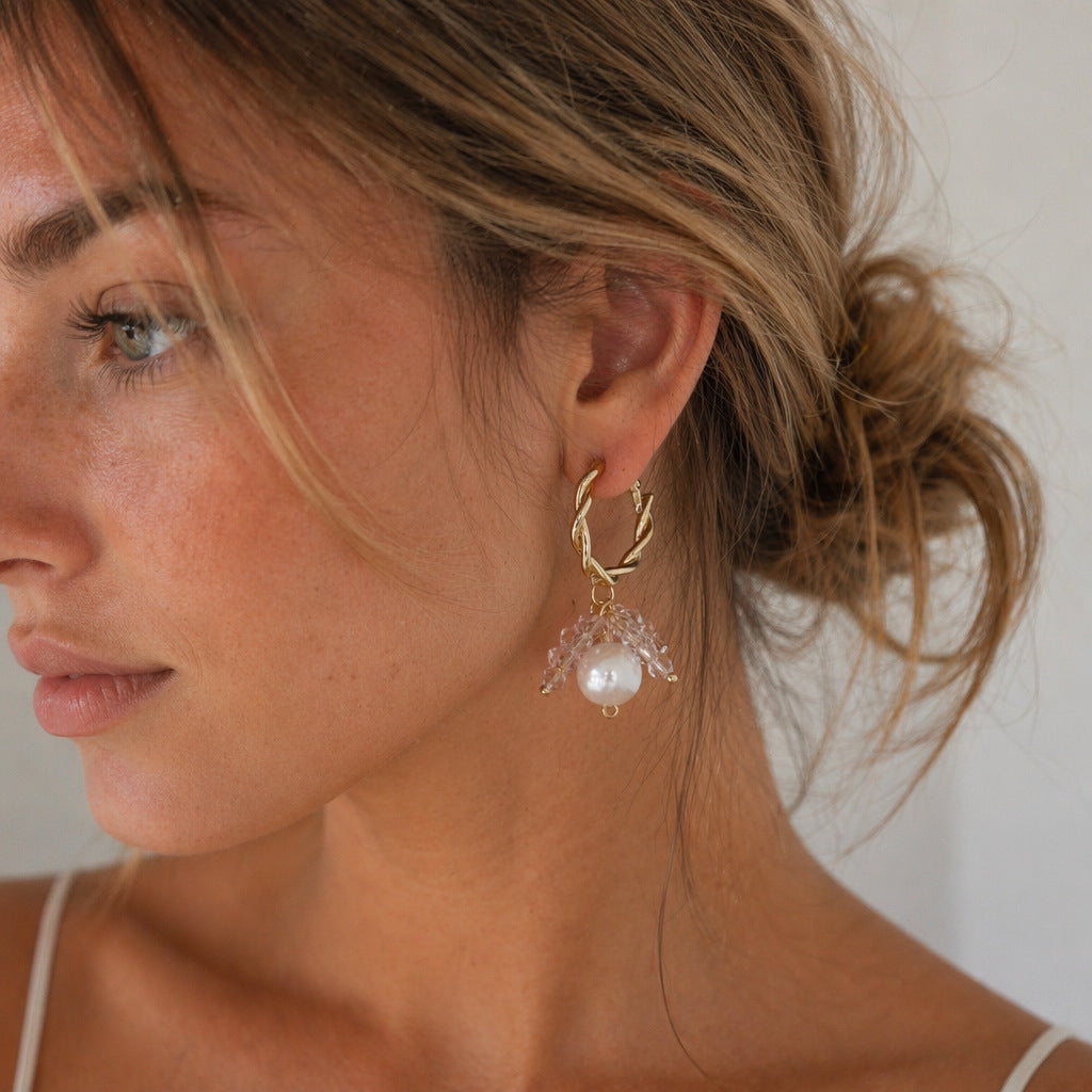 Geometric Hoop Earrings For Women With Gold Tassel, Glass, Artificial Pearl, And 304 Stainless Steel Pins