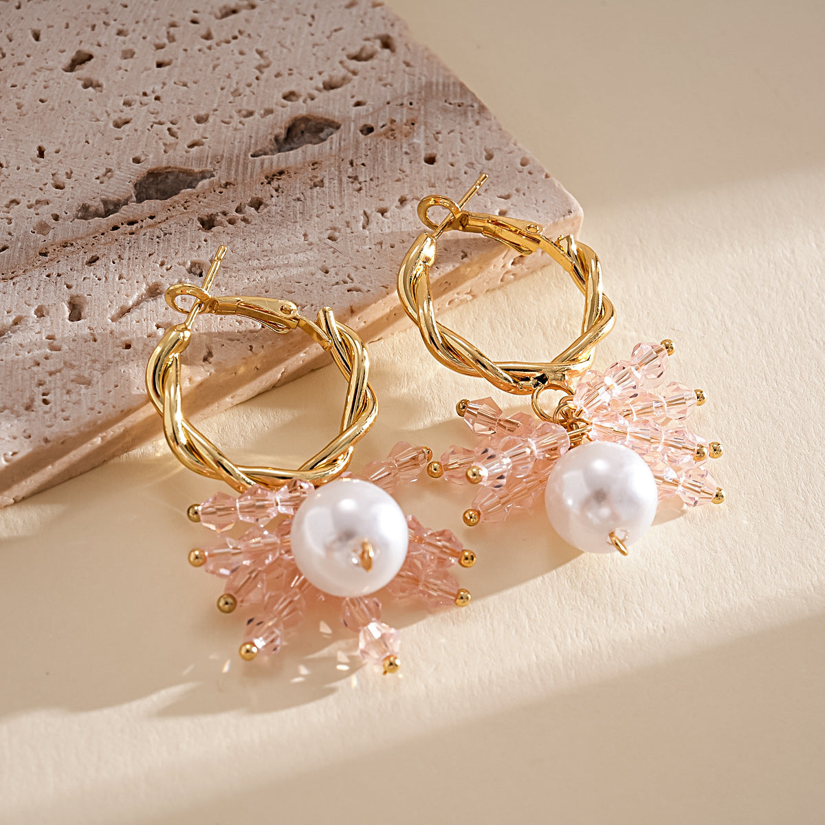Geometric Hoop Earrings For Women With Gold Tassel, Glass, Artificial Pearl, And 304 Stainless Steel Pins